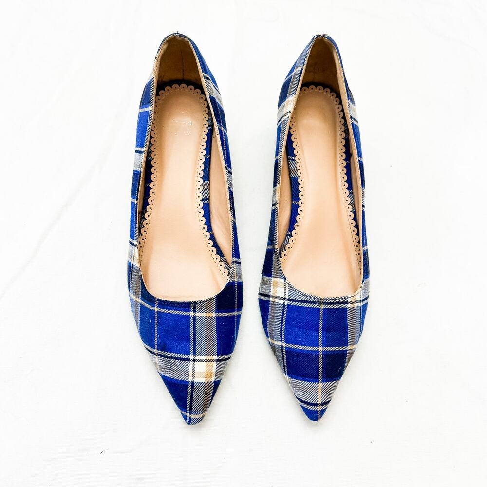Juicy Couture Plaid Pointy Toe Blue Tartan Patterned Kitten Heel Shoes Size 10